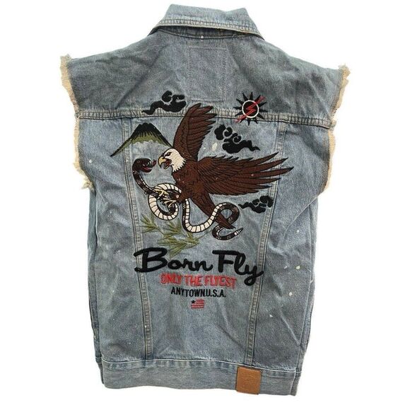 Mens M Trucker Denim Jean Jacket Cutoff Vest USA Snake Eagle Embroidered Patches - Picture 4 of 12
